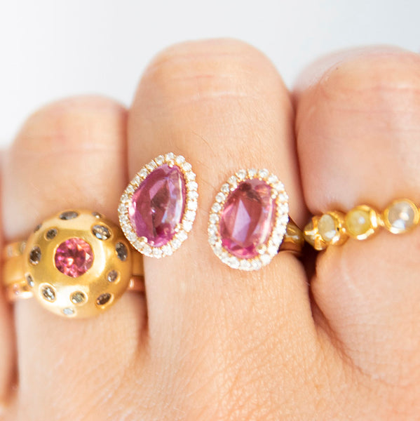 Modern Rose cut Pink Sapphire Diamond Halo Duo Ring - Amber Erin