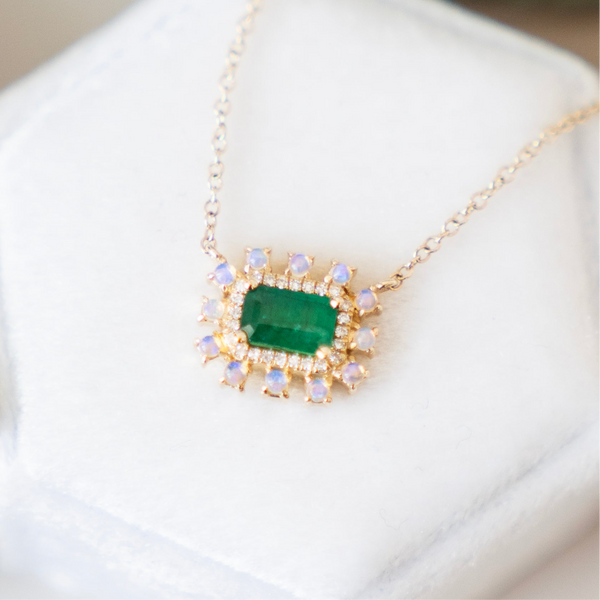 Ethereal Emerald and Opal & Diamond Halo Necklace