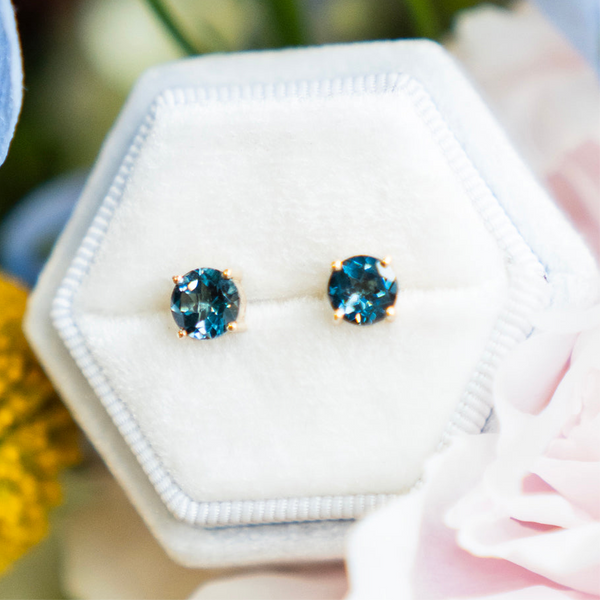 Captivating Round Brilliant London Blue Topaz Studs in 14k Yellow Gold