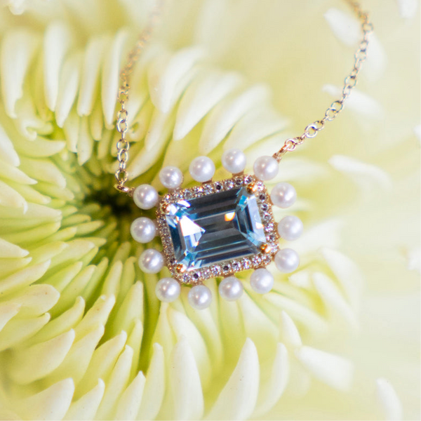 Blue Topaz, Pearl and Diamond Halo Necklace in 14k Yellow Gold