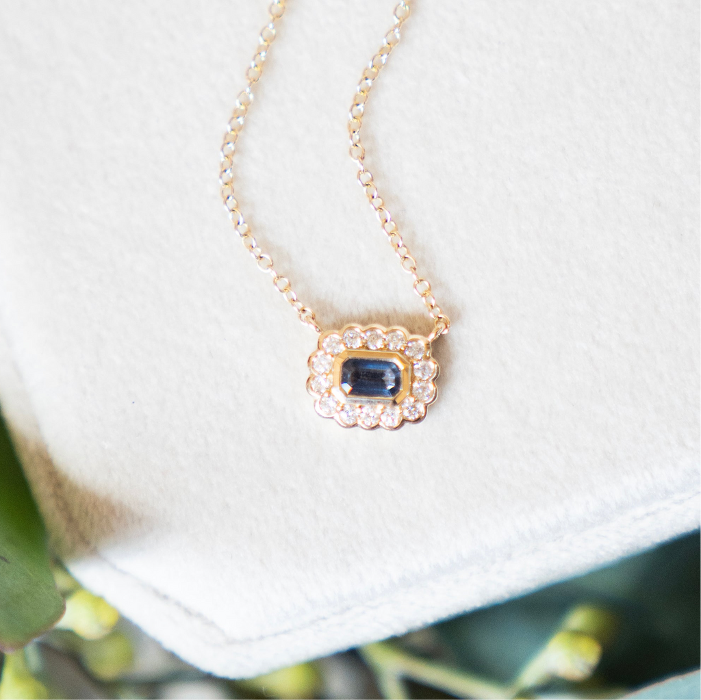 Emerald Cut Blue Grey Sapphire and Diamond Necklace