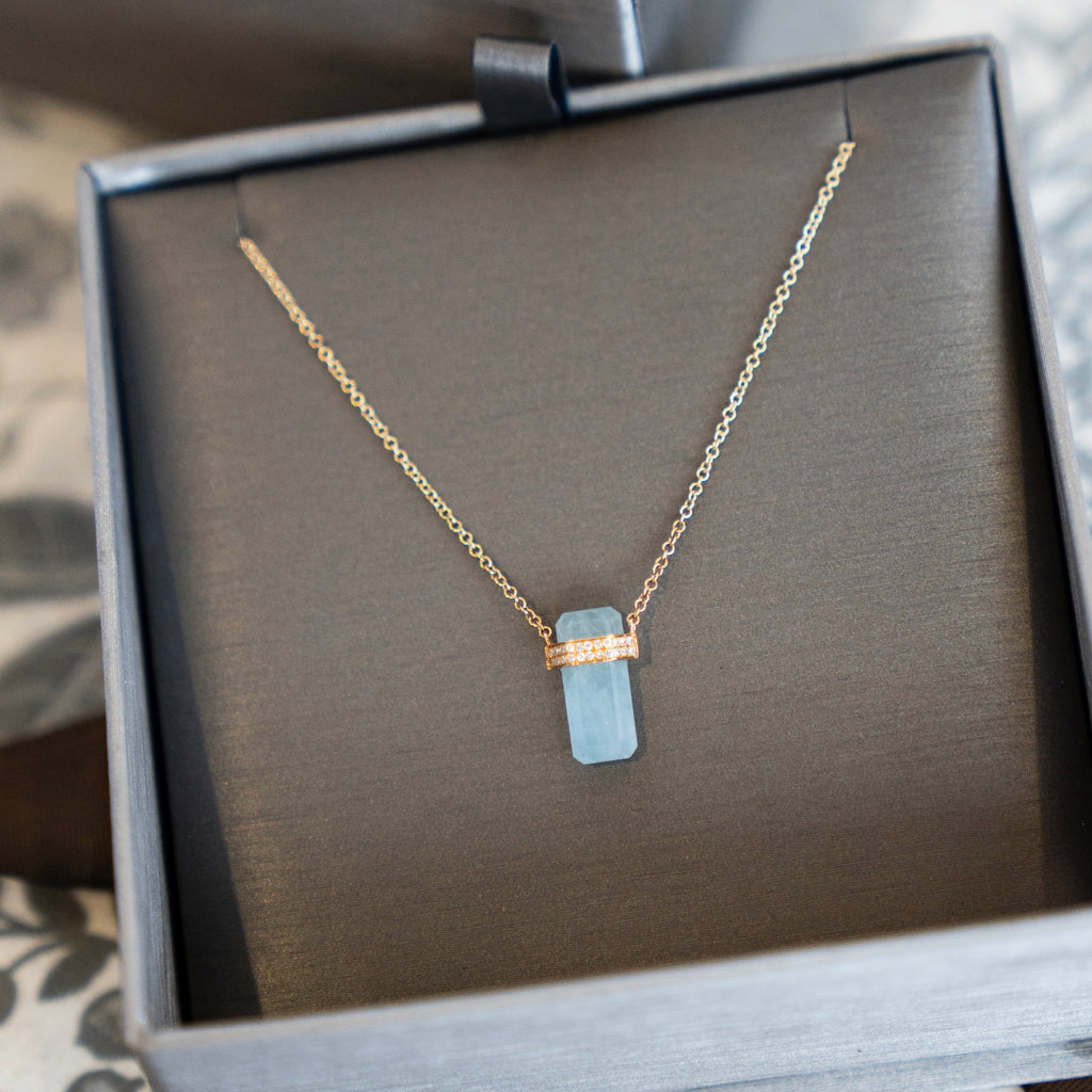 Aquamarine and Diamond Amulet Necklace in Yellow Gold