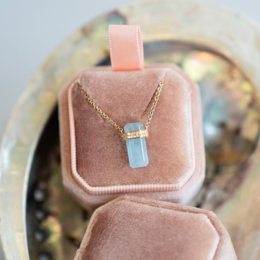 Aquamarine and Diamond Amulet Necklace in Yellow Gold