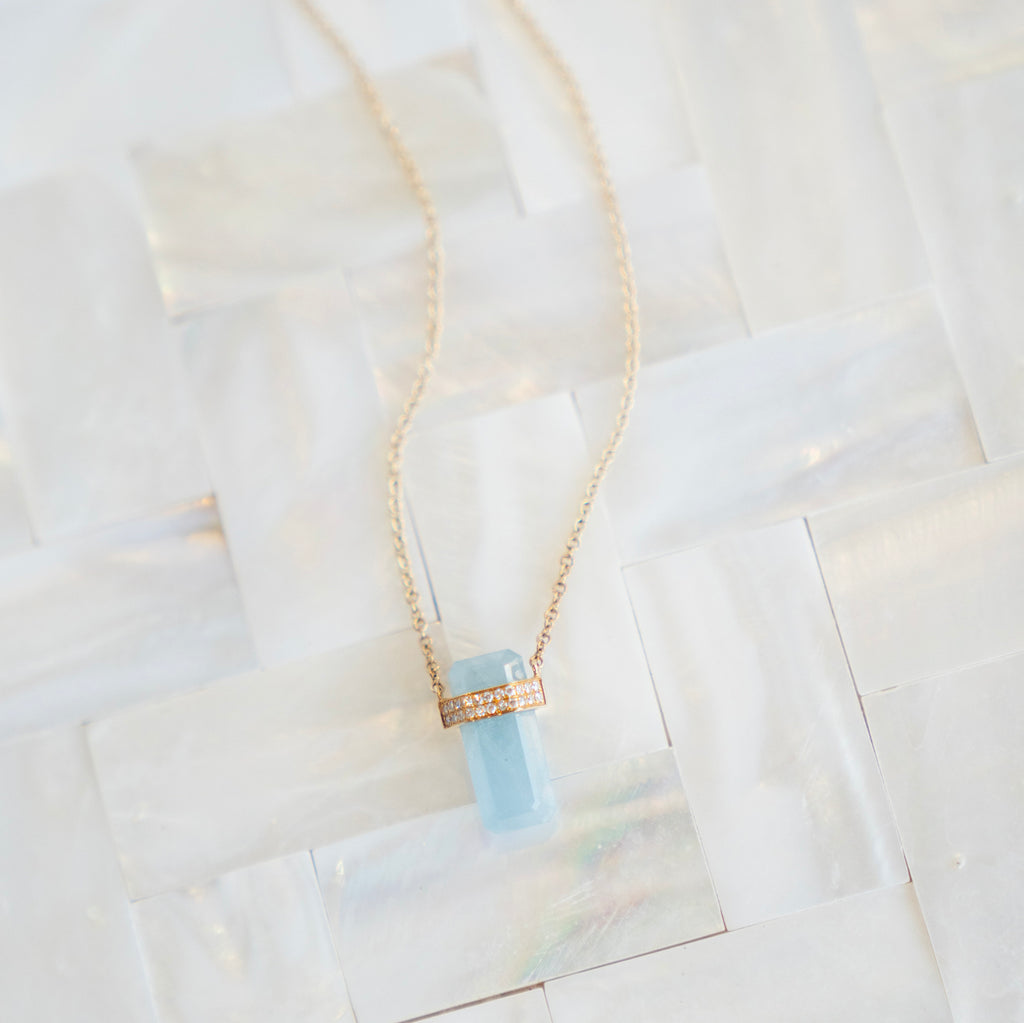 Aquamarine and Diamond Amulet Necklace in Yellow Gold