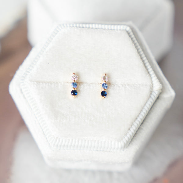 Ombre Blue Sapphire and Diamond  Bar Stud Earrings