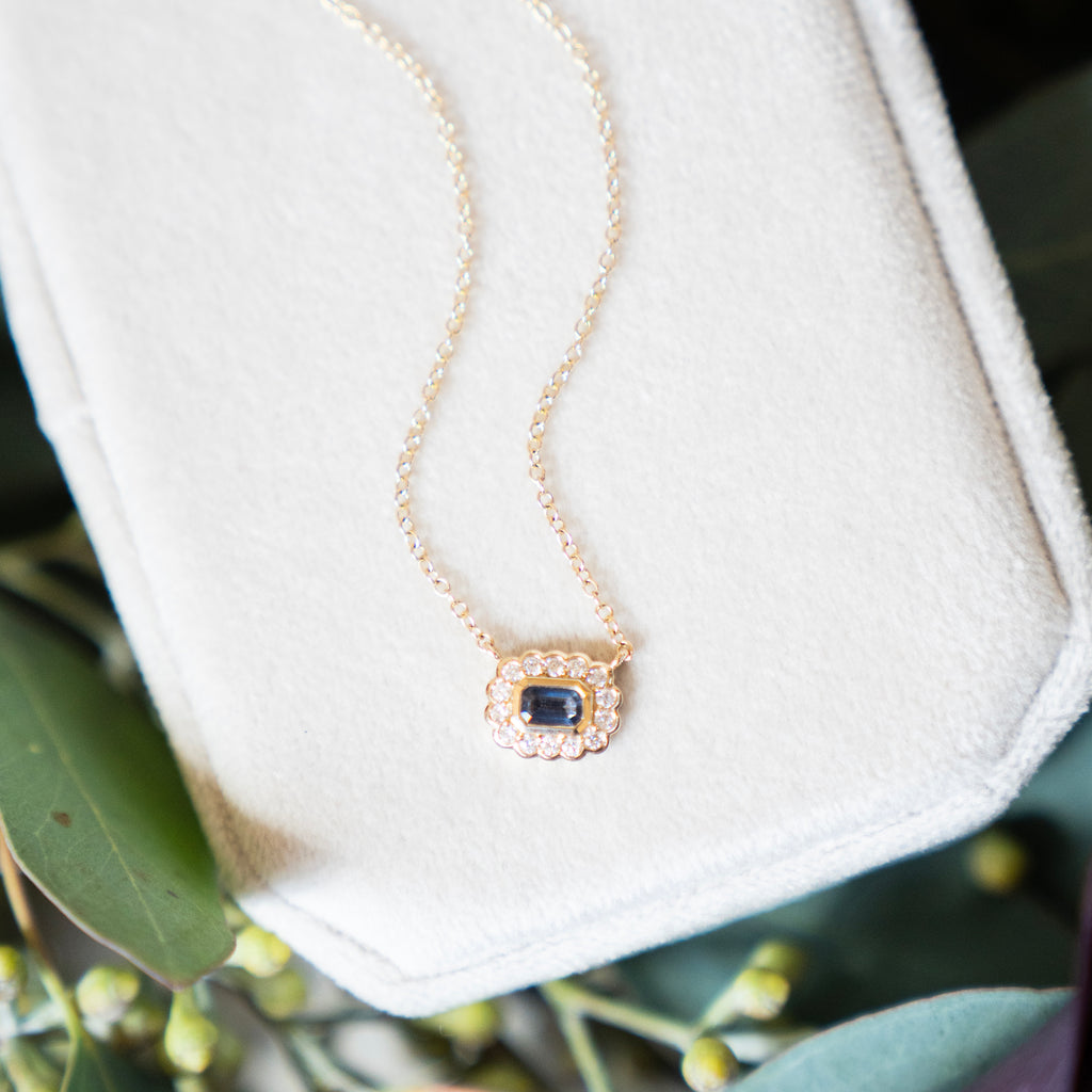 Emerald Cut Blue Grey Sapphire and Diamond Necklace