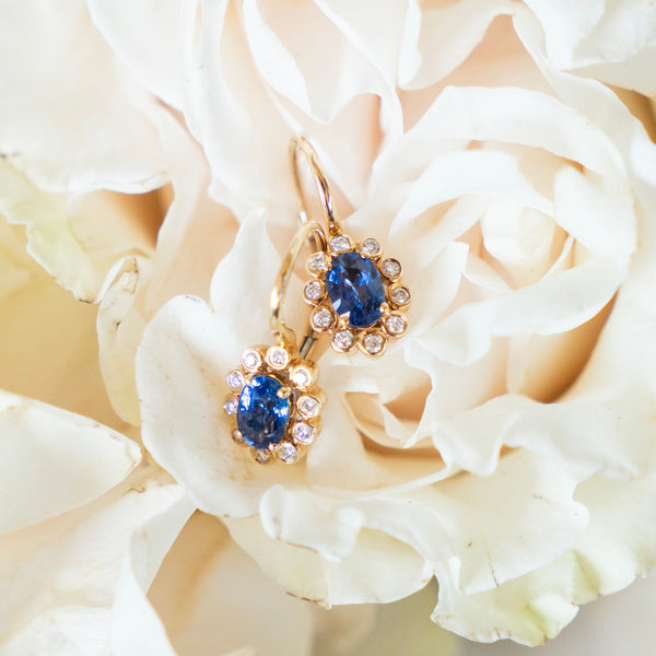 Regal Sapphire and Bezel Set Diamond Halo Earrings