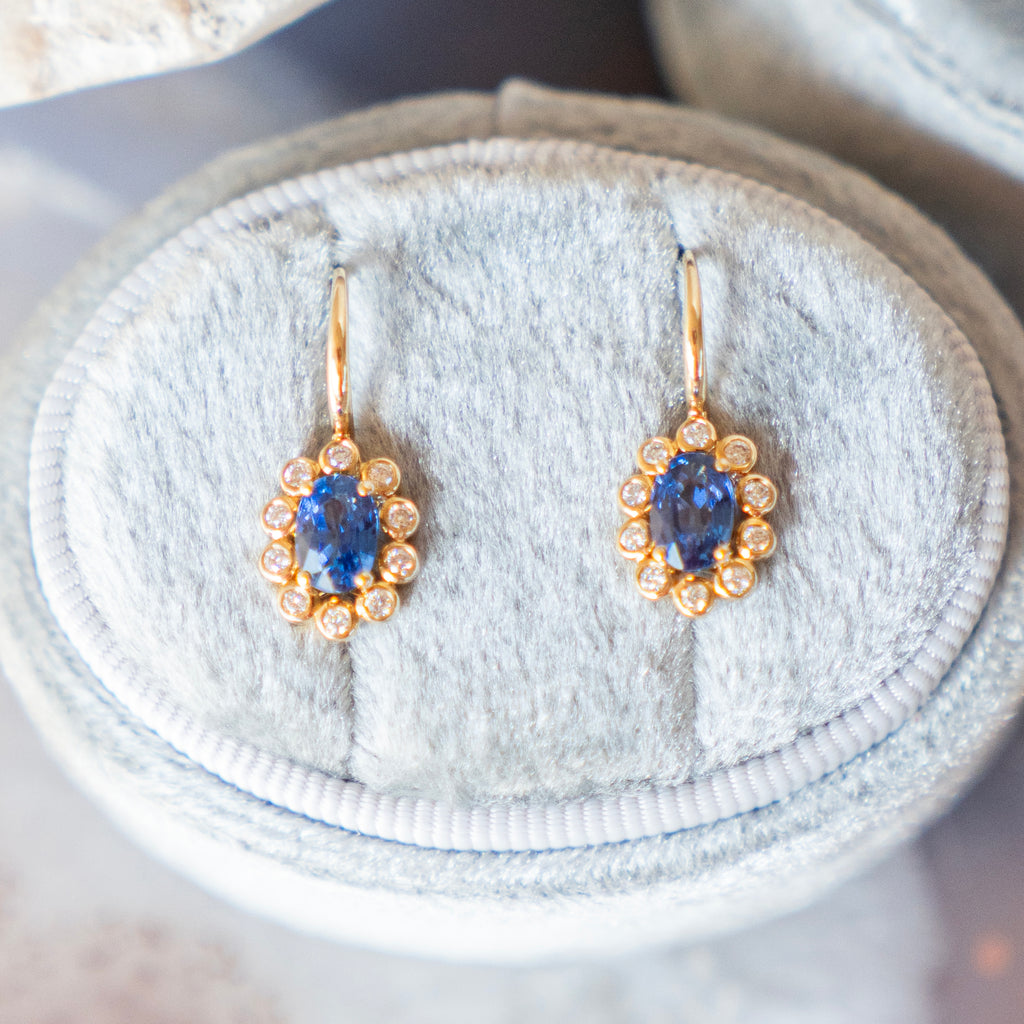 Regal Sapphire and Bezel Set Diamond Halo Earrings