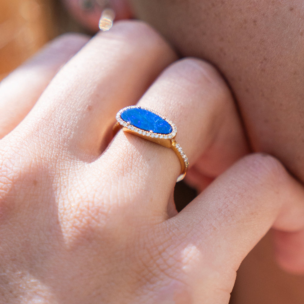 Bespoke Organic Shaped Opal and Diamond Halo Ring