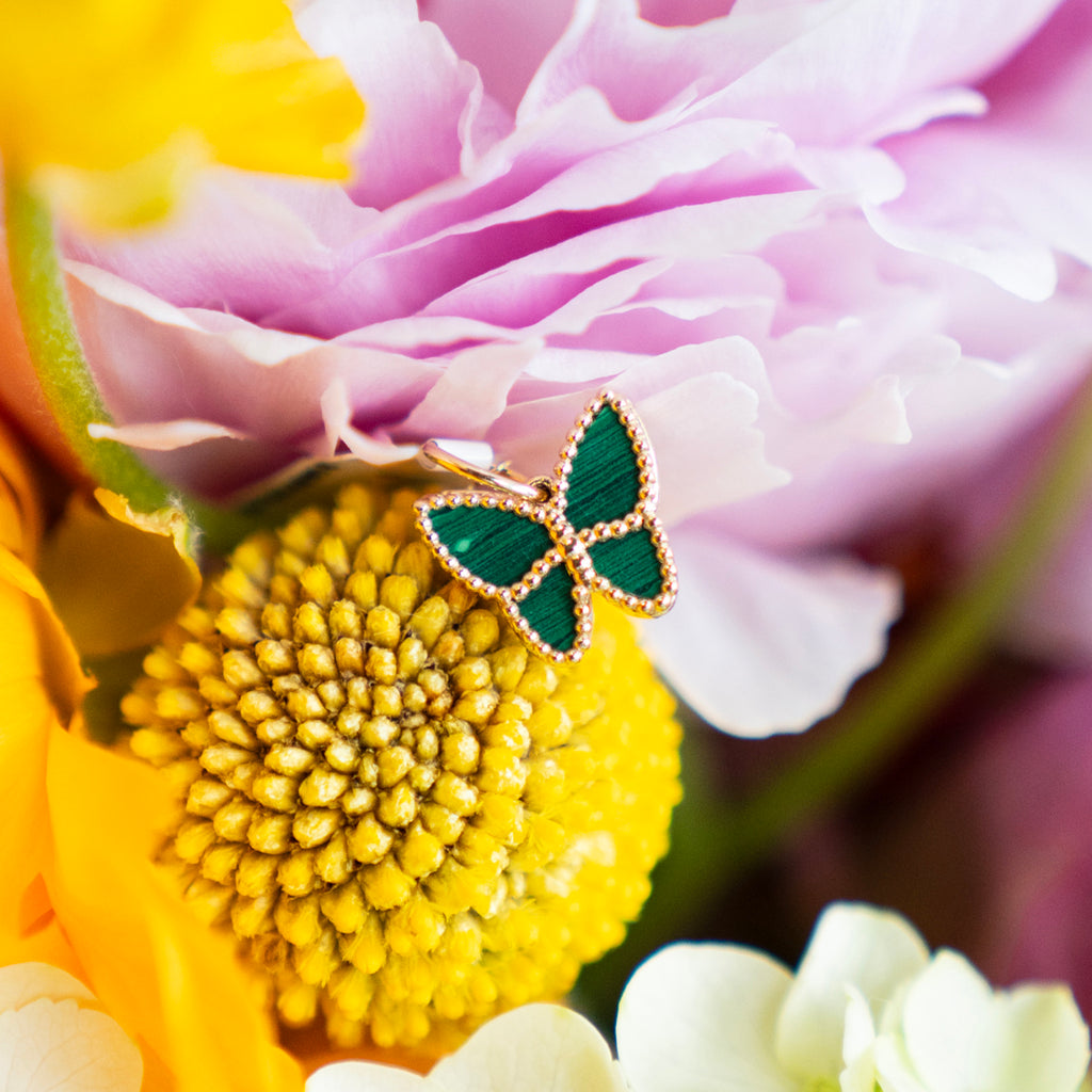 Malachite Butterfly Charm/Pendant in Beaded 14k Yellow Gold