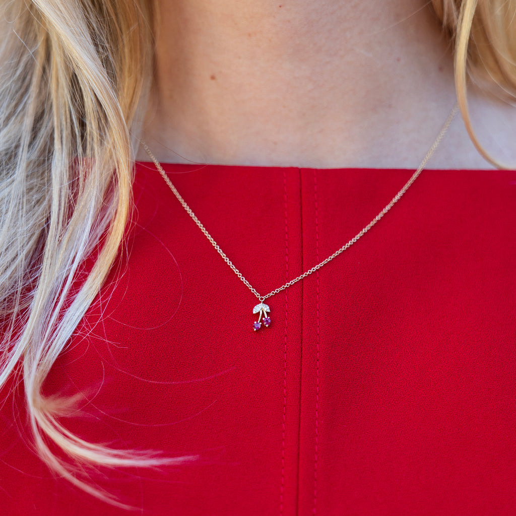 Ruby and Diamond Cherry Necklace in 14k Yellow Gold