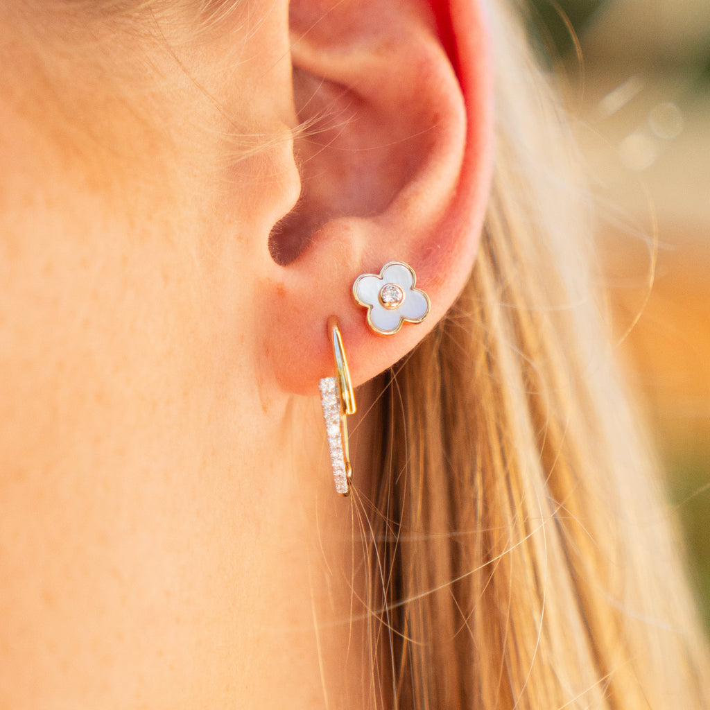 Mother of Pearl and Diamond Clover Stud Earrings