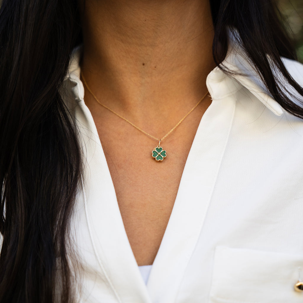 Malachite Clover Charm/Pendant in 14k Yellow Gold