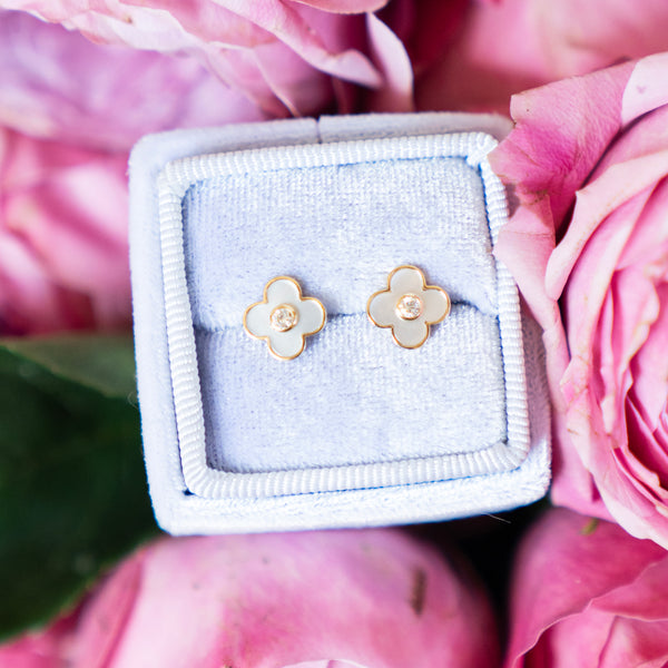 Mother of Pearl and Diamond Clover Stud Earrings