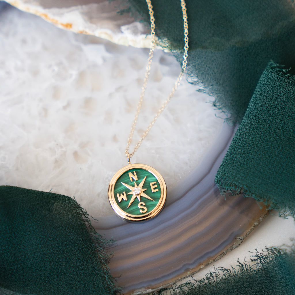 Malachite and Diamond Compass Necklace in 14k Yellow Gold