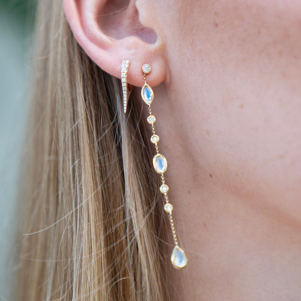 Dramatic Linear Moonstone and Diamond Earrings in 14k Yellow Gold