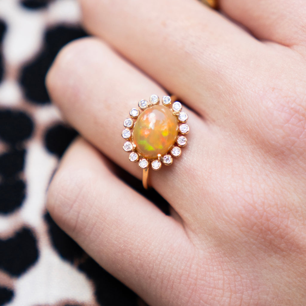 East West Opal and Diamond Halo Ring in 18k Yellow Gold