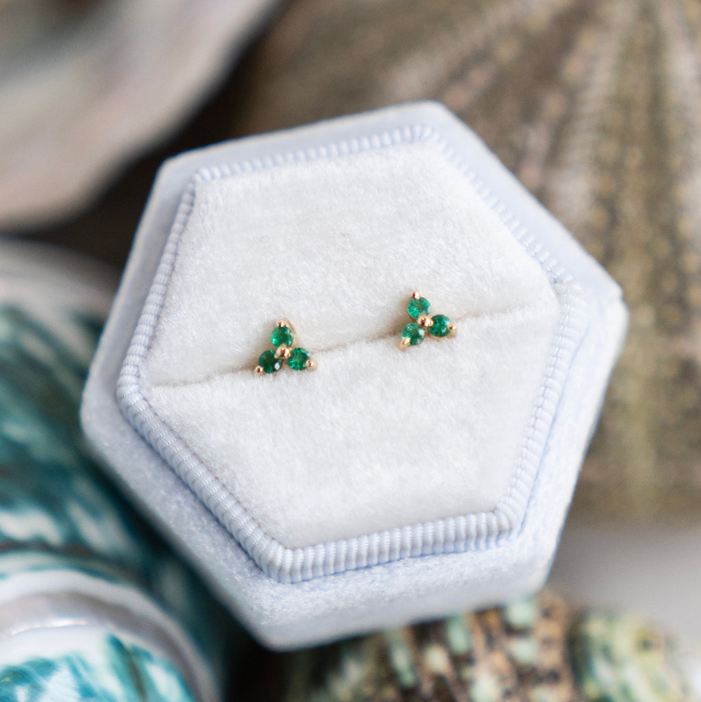 Emerald Trio Stud Earrings in 14k Yellow Gold