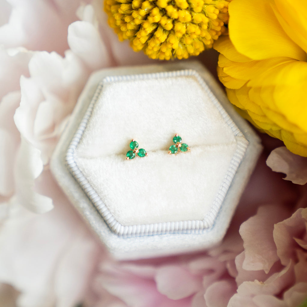 Emerald Trio Stud Earrings in 14k Yellow Gold