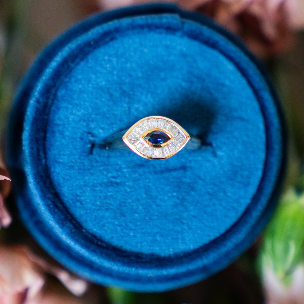 Evil Eye Baguette Diamond and Sapphire Ring