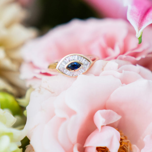 Evil Eye Baguette Diamond and Sapphire Ring