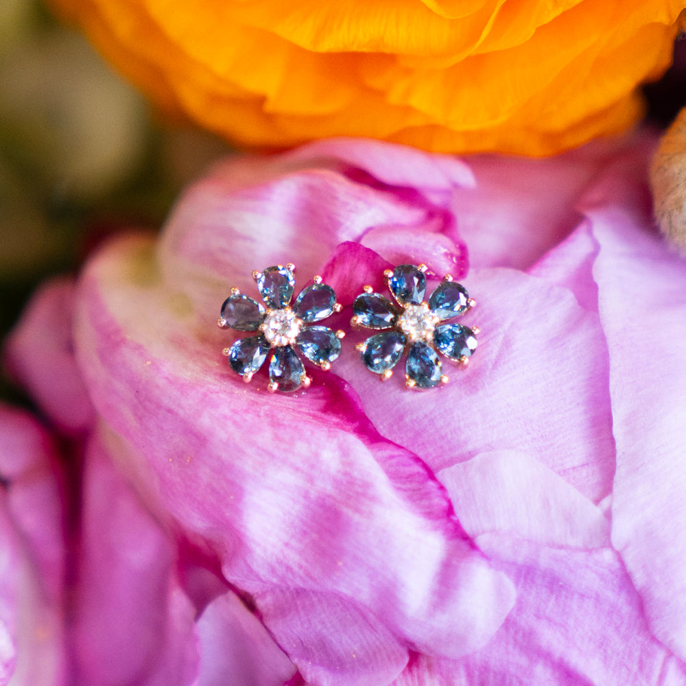 Blue-Green Sapphire and Diamond Floral Stud Earrings in 14k Yellow Gold