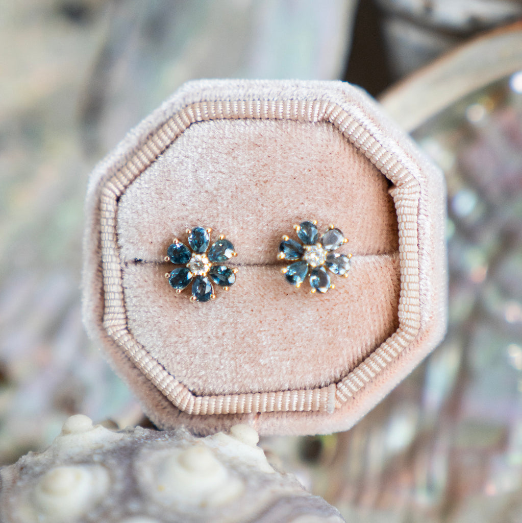 Blue-Green Sapphire and Diamond Floral Stud Earrings in 14k Yellow Gold