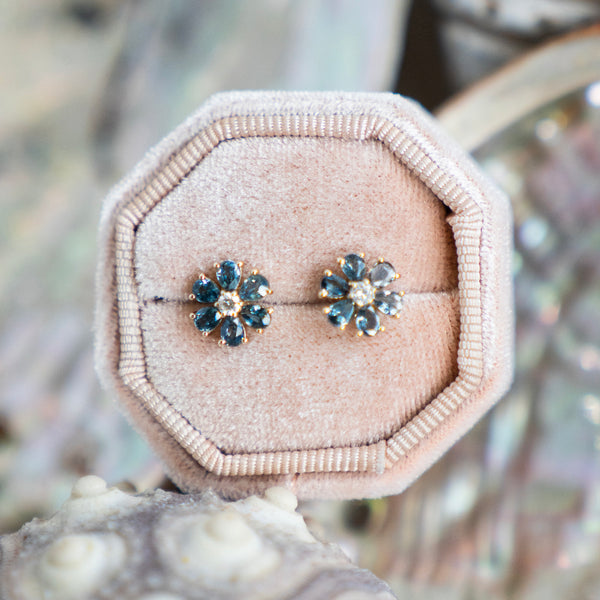 Blue-Green Sapphire and Diamond Floral Stud Earrings in 14k Yellow Gold