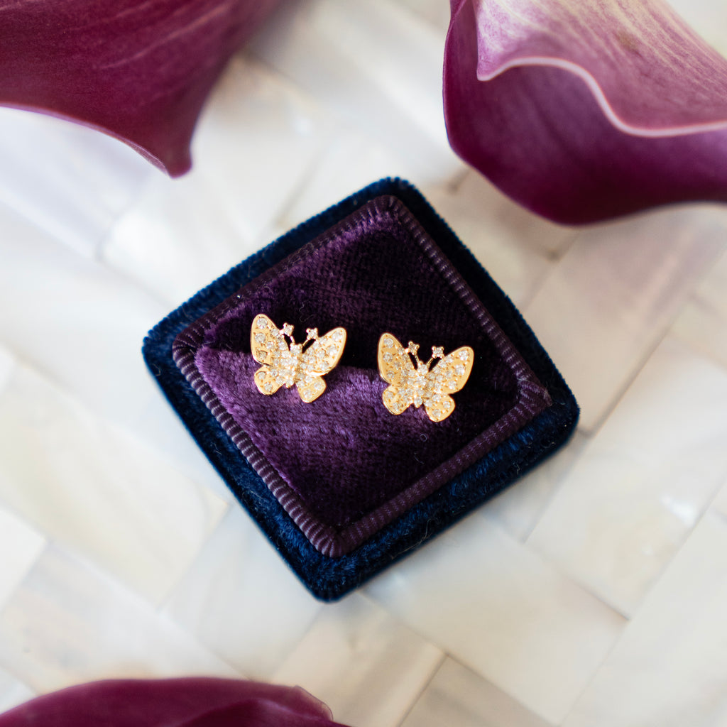 14k High Polished Yellow Gold and Diamond Butterfly Studs
