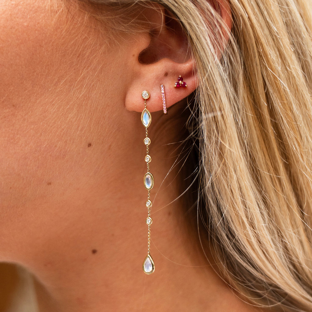 Dramatic Linear Moonstone and Diamond Earrings in 14k Yellow Gold