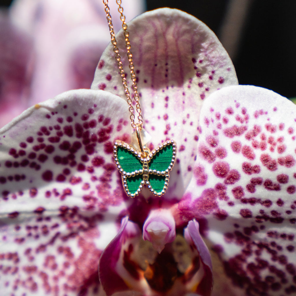 Malachite Butterfly Charm/Pendant in Beaded 14k Yellow Gold