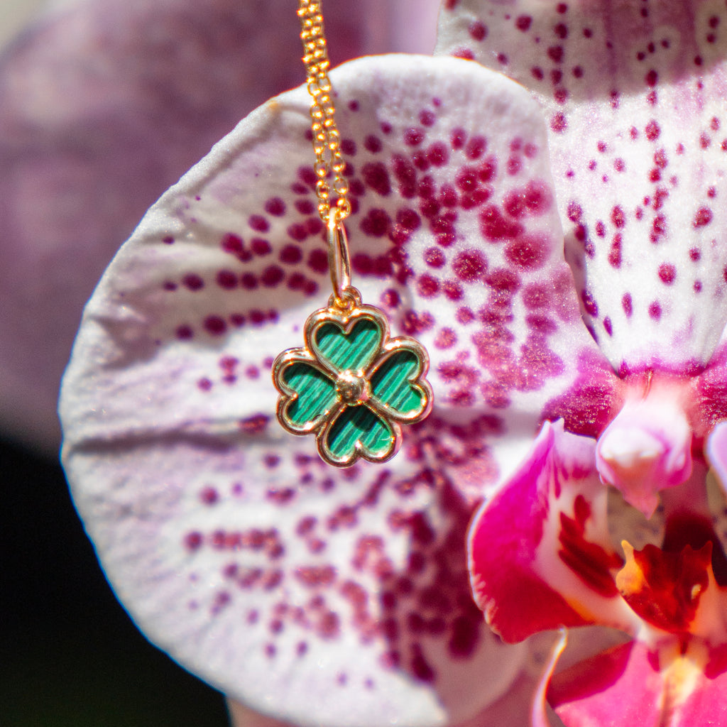 Malachite Clover Charm/Pendant in 14k Yellow Gold