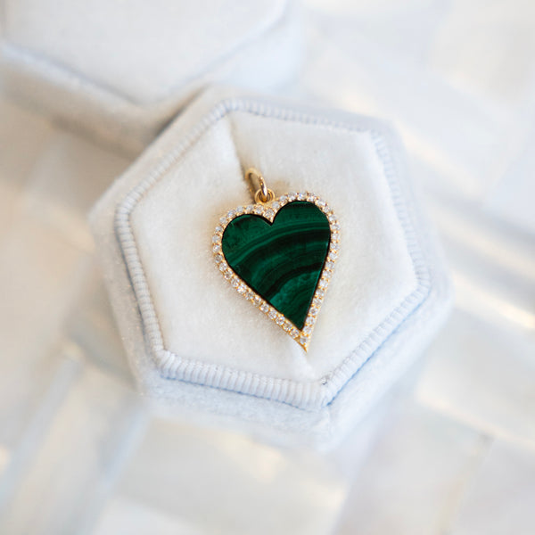 Large  Malachite Heart and Diamond Halo Charm Pendant