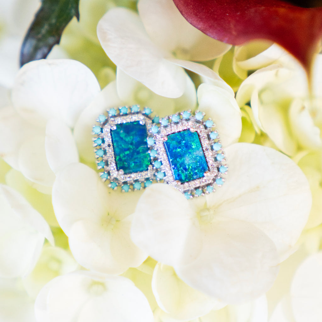 Ethereal Opal stud earrings with diamond and turquoise halos