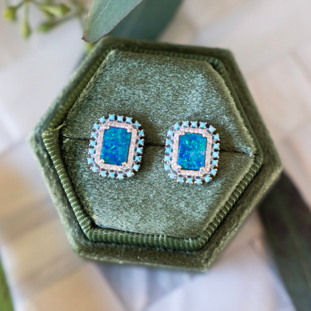 Ethereal Opal stud earrings with diamond and turquoise halos