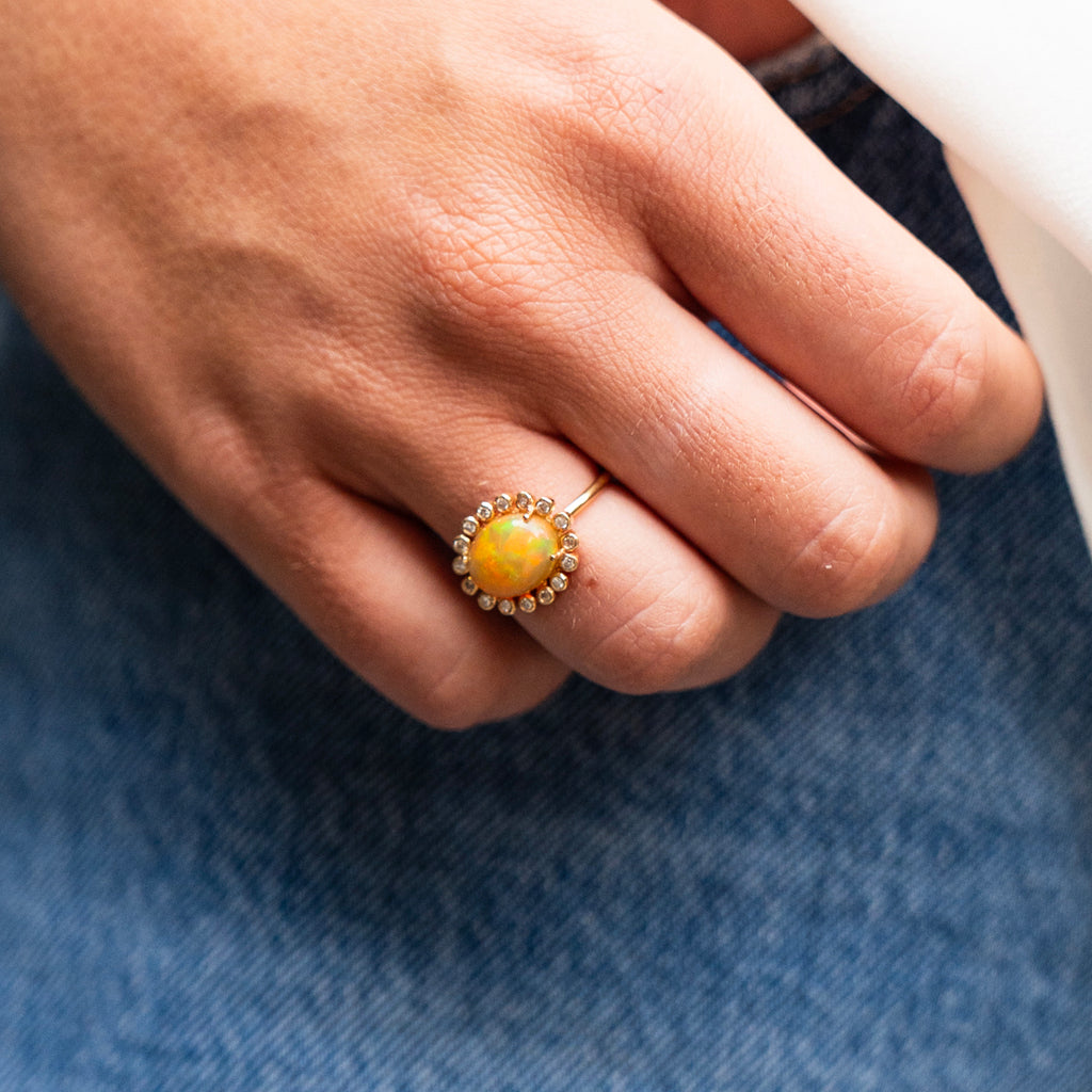 East West Opal and Diamond Halo Ring in 18k Yellow Gold