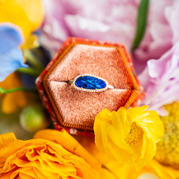 Bespoke Organic Shaped Opal and Diamond Halo Ring