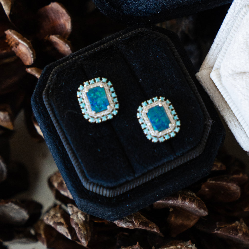 Ethereal Opal stud earrings with diamond and turquoise halos