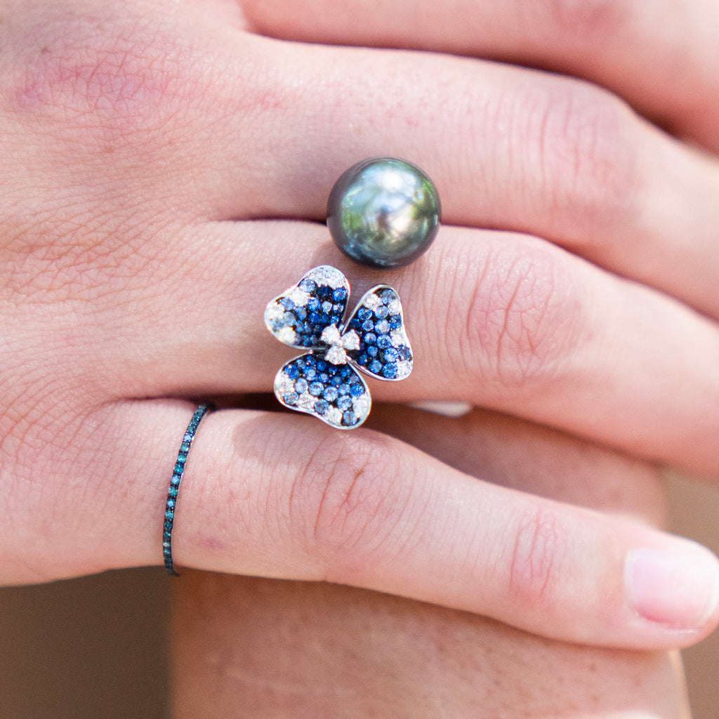 Bespoke South Sea Pearl and Diamond Sapphire Floral Ring