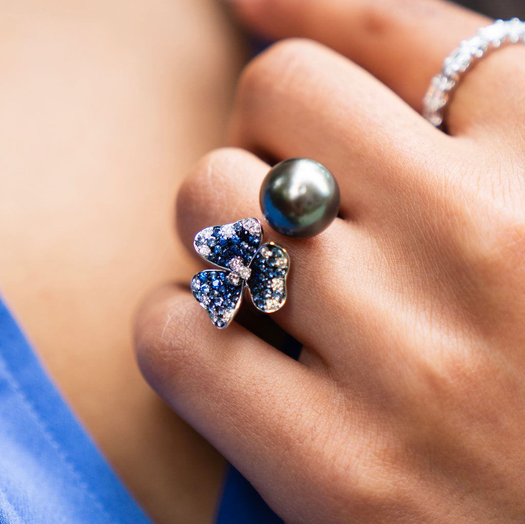 Bespoke South Sea Pearl and Diamond Sapphire Floral Ring