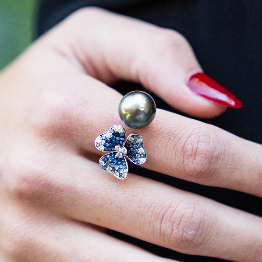 Bespoke South Sea Pearl and Diamond Sapphire Floral Ring