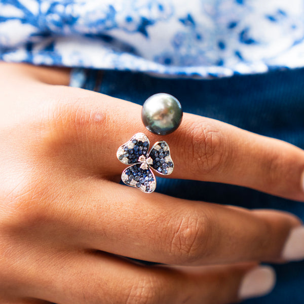 Bespoke South Sea Pearl and Diamond Sapphire Floral Ring