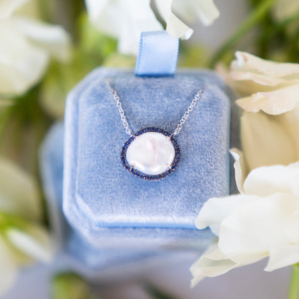 Pearl and Blue Sapphire Halo Necklace