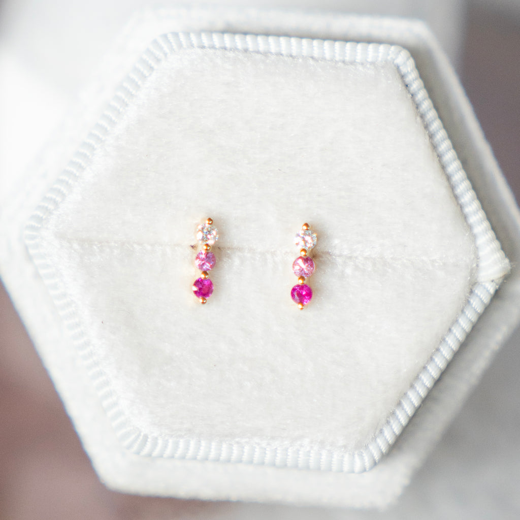 Ombre Ruby, Pink Sapphire and Diamond  Bar Stud Earrings