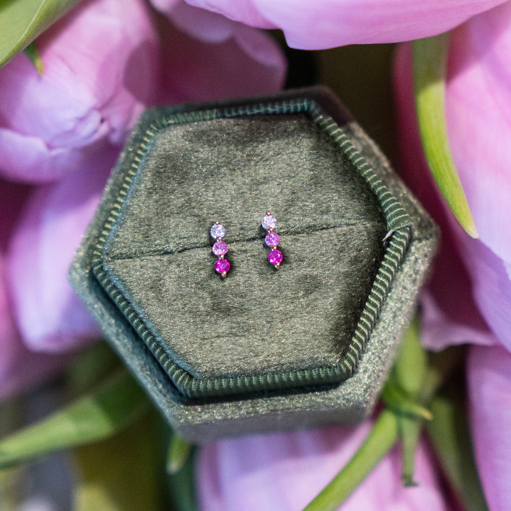 Ombre Ruby, Pink Sapphire and Diamond  Bar Stud Earrings