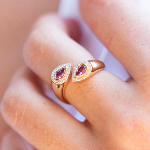 Modern Open Ring with Pear-Shaped Pink Sapphires in Diamond Halos