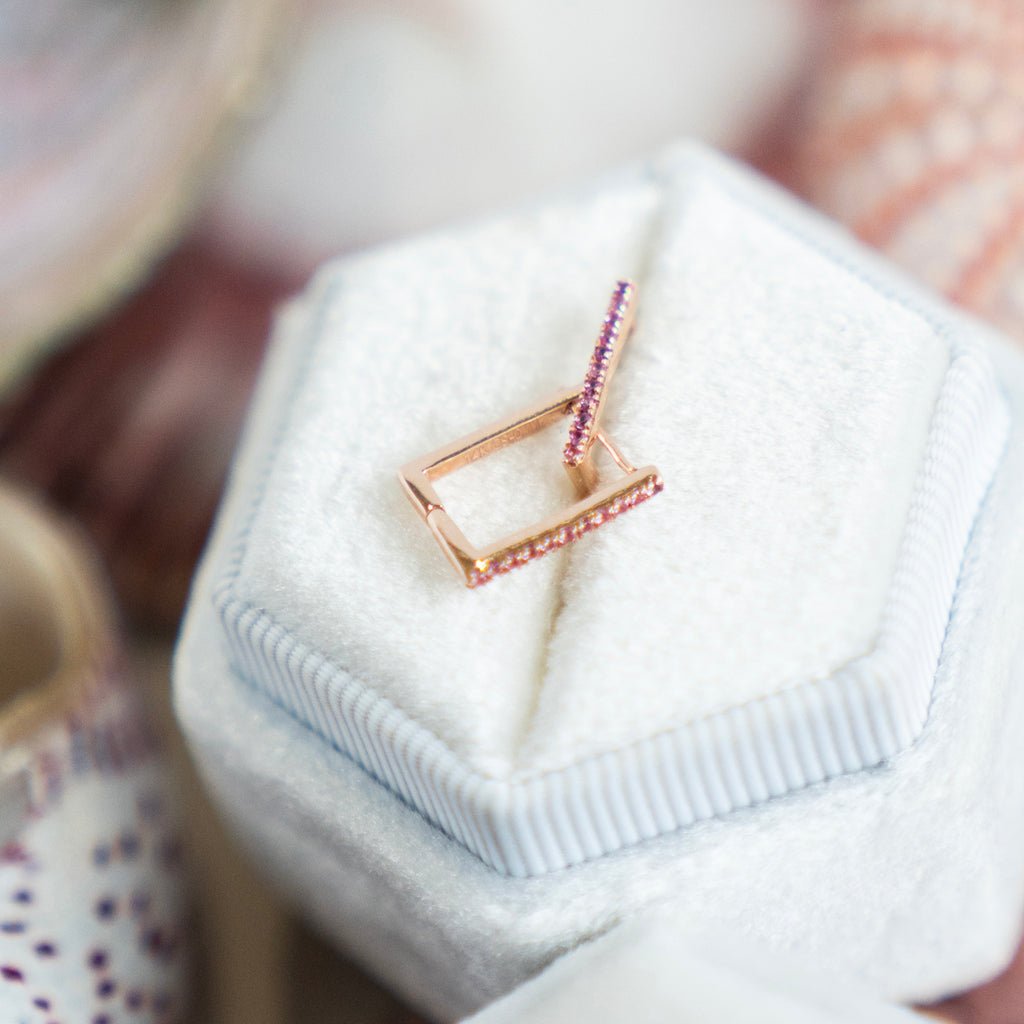 Pink Sapphire Square Huggies in 14k Rose Gold