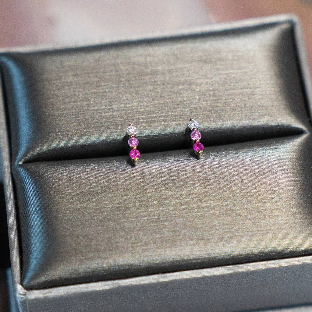 Ombre Ruby, Pink Sapphire and Diamond  Bar Stud Earrings