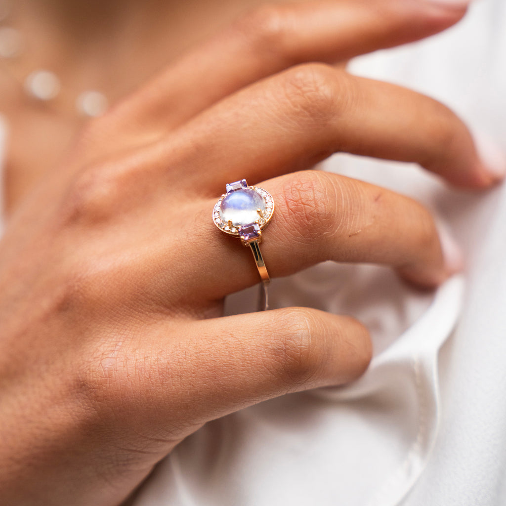 Oval Cabochon Rainbow Moonstone with Diamond Halo and Pink Sapphire Diamond Ring in 14k Yellow Gold