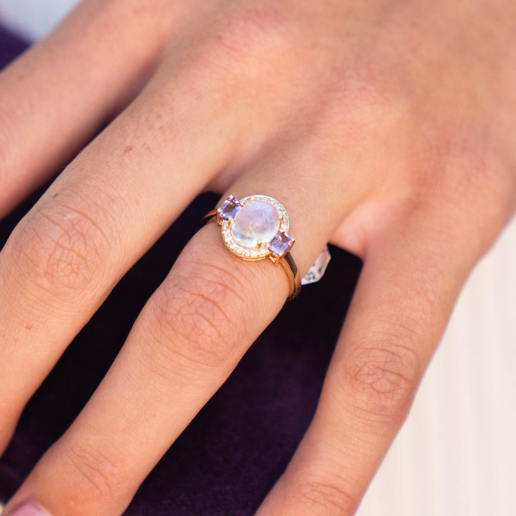 Oval Cabochon Rainbow Moonstone with Diamond Halo and Pink Sapphire Diamond Ring in 14k Yellow Gold